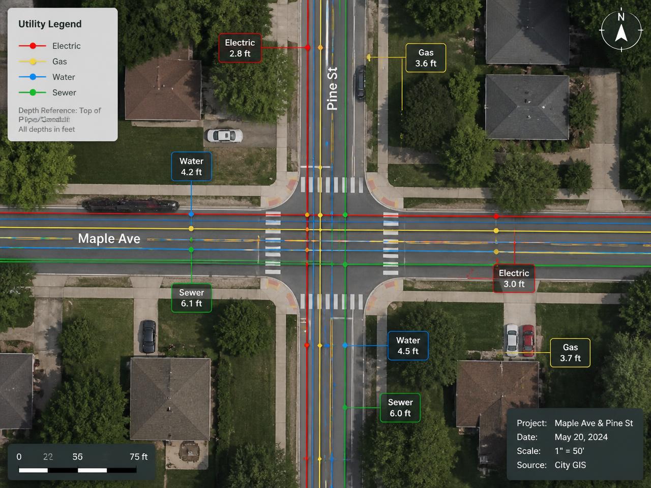 Detected underground utilities overlaid on an aerial map with depth callouts